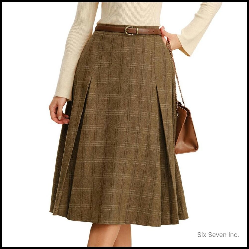 Pleated A-Line Midi Skirt Vintage Elegant Retro Wool-Blend with Pockets